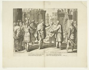 Karel V laat een klooster bouwen, 1555, nr. 8 Scenes uit het leven van Karel V (tytuł serii) Życie cesarza Karola V w przepięknych wklęsłodrukach, wyrytych według wzorów słynnego A. Tempeste, przez dwóch najzdolniejszych mistrzów J. de Gein i