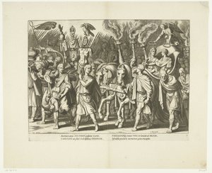 Triomfwagen van Karel V en Ferdinand, na de bevrijding van Wenen van de Turken, ca. 1532, nr. 7 Scenes uit het leven van Karel V (tytuł serii) Życie cesarza Karola V. w przepięknych wklęsłodrukach, wygrawerowanych według wzorów słynnego A. Tempesta autorstwa Cornelis Boel