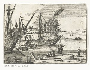 Widok na port z dwoma żaglowcami i galeonem, dwóch mężczyzn stojących na nabrzeżu Krajobrazy i marines (tytuł serii) autorstwa Cornelis Bol (attributed to)