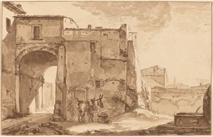 Gateway with Traveler and Mule, 1781, opublikowany 1782. autorstwa Cornelis Brouwer
