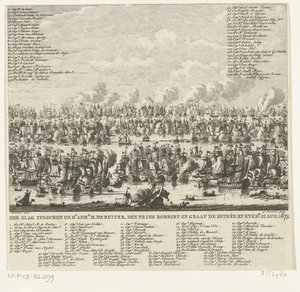 Bitwa pod Kijkduin, 1673 Bitwa morska pomiędzy hr. Admin. Pan de Ruiter, książę Robbert i hrabia de Estrée przez Kykdn. 21 sierpnia 1673 (tytuł na obiekcie)