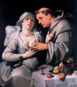 „Mnich i mniszka” (Mnich i mniszka) Mnich głaszcze mniszkę po piersi - Obraz Cornelisa Cornelisza van Haarlema ​​(1562-1638)