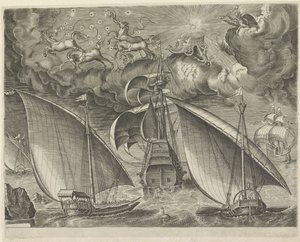 Dwie galery za trzymasztowcem, na niebie upadek Phaethona Żaglowce (tytuł serii) autorstwa Cornelis Cort (possibly)