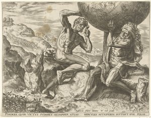 Hercules niesie kulę ziemską dla Atlas Prace Herkulesa (tytuł serii)