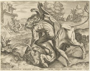 Herkules zmaga się z Achelousem Prace Herkulesa (tytuł serii) autorstwa Cornelis Cort
