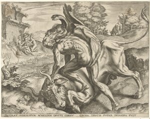 Herkules zmaga się z Achelousem Prace Herkulesa (tytuł serii) autorstwa Cornelis Cort