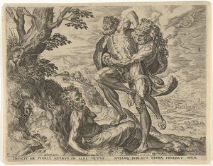 Herkules zmaga się z Antaeusem Prace Herkulesa (tytuł serii) autorstwa Cornelis Cort