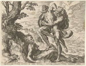 Herkules zmaga się z Antaeusem Prace Herkulesa (tytuł serii) autorstwa Cornelis Cort