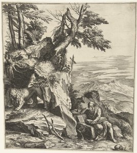 Krajobraz z czytaniem Hieronim autorstwa Cornelis Cort