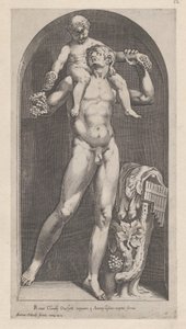 Lustro rzymskiej świetności: Bachus na ramionach satyra, XVI w., XVI w. autorstwa Cornelis Cort