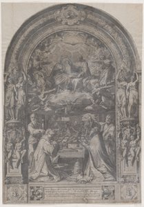 Koronacja Najświętszej Marii Panny z udziałem św. Wawrzyńca, św. Pawła, św. Piotra i św. Sykstusa, 1576 r. autorstwa Cornelis Cort