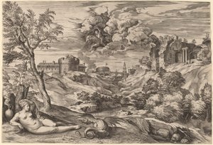 Krajobraz z Rogerem Liberating Angelica autorstwa Cornelis Cort after Titian