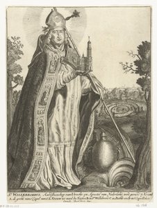 Św. Willibrord jako arcybiskup z modelem kościoła Dom w Utrechcie St. Willebrord (tytuł na obiekcie) autorstwa Cornelis Danckerts (I)