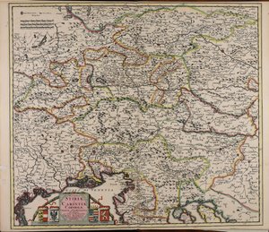 Ducatus Stiriae et Carintiae Carniolae Cilleiae que comitatus nova tabula que et pars est meridionalior circuli Austriaci autorstwa Cornelis Danckerts