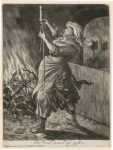 Kobieta zapala rakietę świetlną, plansza 5 z cyklu „Powszechna radość z oblężenia Namur przez Wilhelma III w 1695 roku” autorstwa Cornelis Dusart