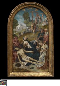 Lament; w tle zmniejszenie krzyża autorstwa Cornelis Engebrechtsz.