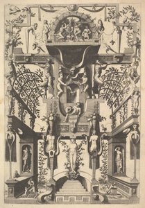 Fantastyczna struktura architektoniczna z strapworkami i dwiema pergolami oraz małą sceną z Vu..., 1557.