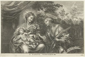 Maryja z Dzieciątkiem i św. Katarzyna Aleksandryjska S. Virgo Virginvm (tytuł na obiekcie) autorstwa Cornelis Galle (I)