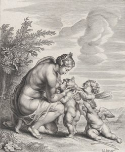 Wenus pielęgnująca trzy amorki w krajobrazie, ca. 1627-78. autorstwa Cornelis Galle II