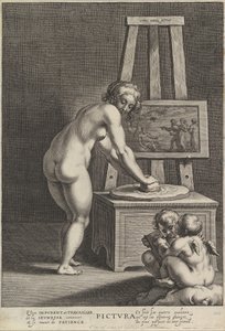 Pictura: alegoria malarstwa, z nagą kobietą w centrum rozdrabniającą pigmenty, dwa p..., ca. 1610-50.