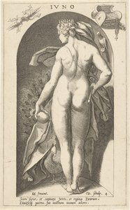 Juno z pawiem Iwno (tytuł na obiekcie) Starożytni bogowie (tytuł serii) autorstwa Cornelis Jacobsz. Drebbel