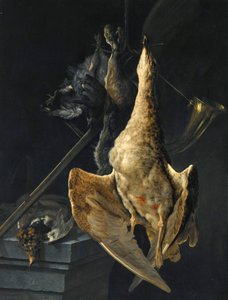 Myśliwska martwa natura z gęsią, zającem, rogiem myśliwskim, strzelbą i inną zwierzyną autorstwa Cornelis Lelienbergh
