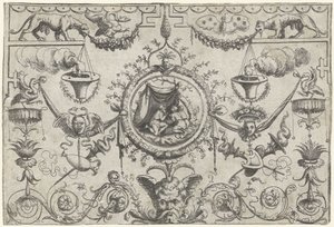 Ornament z trzema postaciami klęczącymi pod płótnem autorstwa Cornelis Massijs (attributed to)
