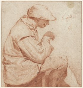Siedzący mężczyzna w miękkiej czapce, z profilu w prawo, z uniesioną prawą ręką autorstwa Cornelis Pietersz. Bega (attributed to)