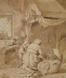 Salon na farmie z farmerem, kołyską i dzieckiem, ok. 1654 (pióro i atrament oraz pędzel na papierze) autorstwa Cornelis Pietersz Bega
