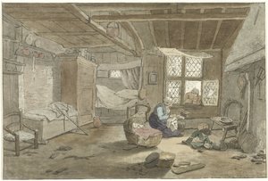 Wnętrze z kobietą w łóżeczku autorstwa Cornelis Ploos van Amstel (signed by artist)