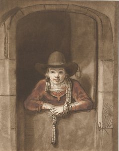 Chłopiec pochylający się nad dolnymi drzwiami autorstwa Cornelis Ploos van Amstel (signed by artist)
