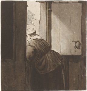 Kobieta pochylająca się nad niższymi drzwiami autorstwa Cornelis Ploos van Amstel (signed by artist)