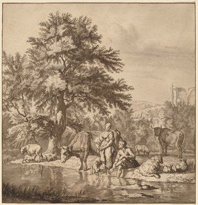 Pasterz i pasterka ze swoją trzodą autorstwa Cornelis Ploos van Amstel after Adriaen