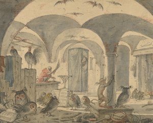 Zaczarowana piwnica ze zwierzętami autorstwa Cornelis Saftleven