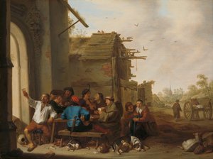 Figurki przed wioskową karczmą Towarzystwo ludu wiejskiego autorstwa Cornelis Saftleven