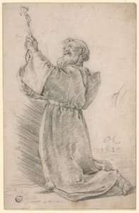 Klęczący mnich trzymający krucyfiks autorstwa Cornelis Saftleven