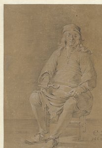 Siedzący mężczyzna z miską na kolanach autorstwa Cornelis Saftleven