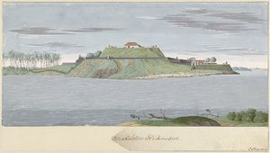 Fort Caliture na Cejlonie, widziany z rzeki Fortres Caliture od strony Revier (tytuł na obiekcie)