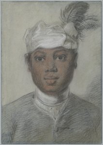 Głowa czarnoskórego młodego mężczyzny w turbanie z piórami