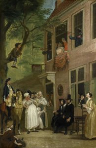 Wprowadzony w błąd: ambasador łobuzów wystawia się z okna tawerny t Bokki w Haarlemmerhout, ok. 1739