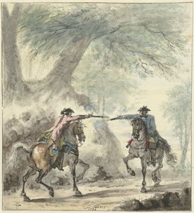 Dwóch jeźdźców spotykających się na leśnej drodze i strzelających do siebie autorstwa Cornelis Troost