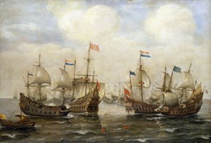 Starcie między Hiszpanami i Holendrami, około 1630 r., każda łódź ma swoją flagę, a po lewej stronie łódź niesie flagę holenderskich Stanów Generalnych. autorstwa Cornelis Verbeeck