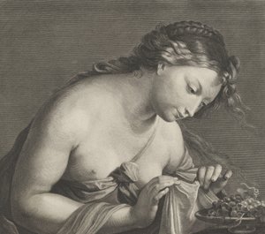 Erigone pochylając się nad półmiskiem z winogronami i podnosząc obiema rękami kawałek materiału,…, ca. 1700.