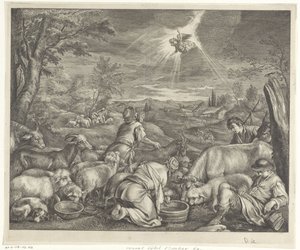 Abraham wyjeżdża do Sychem / Zwiastowanie pasterzom autorstwa Cornelis Visscher (II)