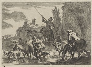 Pasterze z bydłem przedzierają się przez strumień Krajobrazy (tytuł serii) autorstwa Cornelis Visscher (II)
