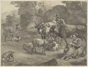 Pejzaż z pasterzem i szwalną pasterką autorstwa Cornelis Visscher (II)