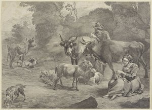 Pejzaż z pasterzem i szwalną pasterką autorstwa Cornelis Visscher (II)