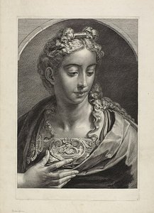 Atena, z Cabinet Reynst; Variarum imaginum a celeberrimis artificibus pictarum Caelaturae (Cabinet Reynst: Engravings of various images painted by famous artists) autorstwa Cornelis Visscher