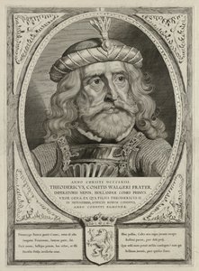 Dirk I, hrabia Holandii, w zbroi. Rama jest ozdobiona herbem Holandii. NL-HlmNHA 1477 53012894 autorstwa Cornelis Visscher