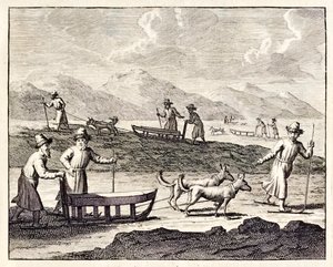 Rosjanie podróżujący z psimi zaprzęgami na Syberię”, z „Voyages de Corneille le Brun”. 1718 autorstwa Cornelis de Bruyn